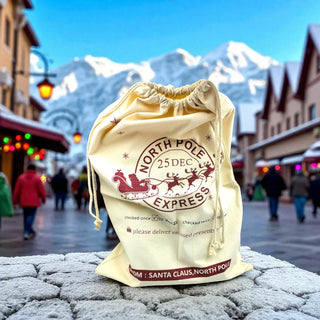 Decorative gift bag with 'North Pole Express' design in a festive outdoor setting with mountains.