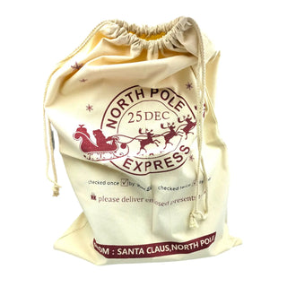 Beige drawstring bag with festive design and text on a white background