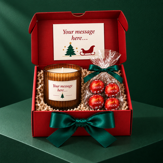 Executive Christmas gift box with a lit amber glass candle and Lindt Lindor truffles on green