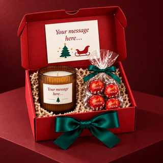 Luxury amber glass candle and Lindt Lindor executive Christmas gift box on a red festive backdrop