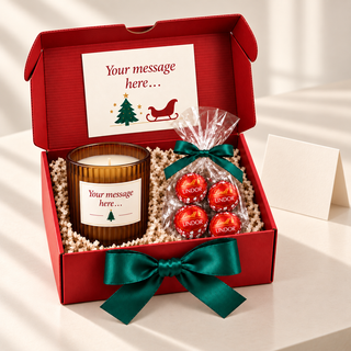VIP client Christmas gift box with personalised amber candle and Lindt Lindor truffles beside a gift card