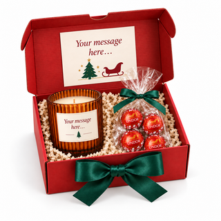 Luxury corporate Christmas gift box with a personalised amber glass candle and Lindt Lindor truffles