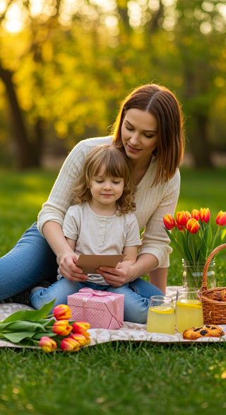 Woman and child sitting on a blanket with flowers and picnic items in a park