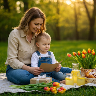 Woman and child sitting on a blanket with tulips and picnic items in a park.