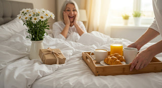 Woman in bed with a tray of breakfast and flowers, smiling.