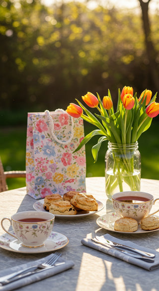 Tea set with biscuits and tulips on a table outdoors