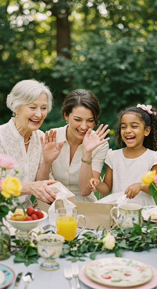 Three generations of women sitting at a table outdoors, enjoying a meal together.