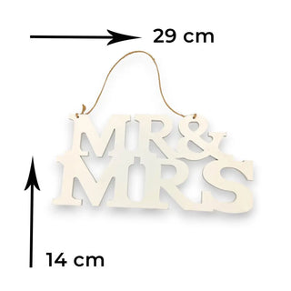 MR & MRS tan wooden sign with a hanging string