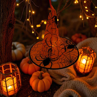 Halloween-themed decoration with pumpkins, candles, and a spider web design.
