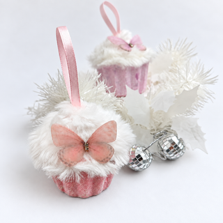 Pink Cupcake Christmas Ornaments with Butterflies – Set of 5
