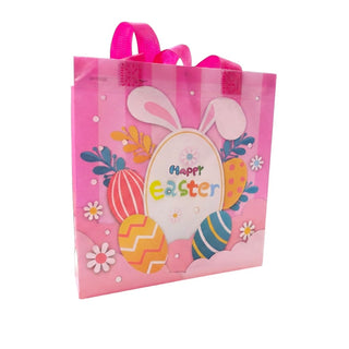 Pink Easter bag with bunny ears, eggs, and 'Happy Easter' text on a white background