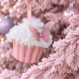 Pink Cupcake Christmas Ornaments with Butterflies – Set of 5