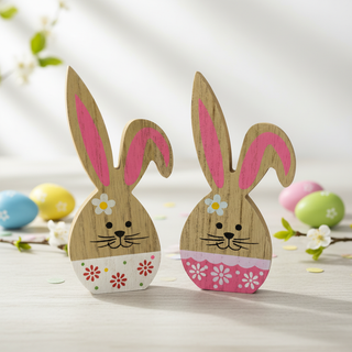 Wooden Easter Bunny Pair - Pink and White