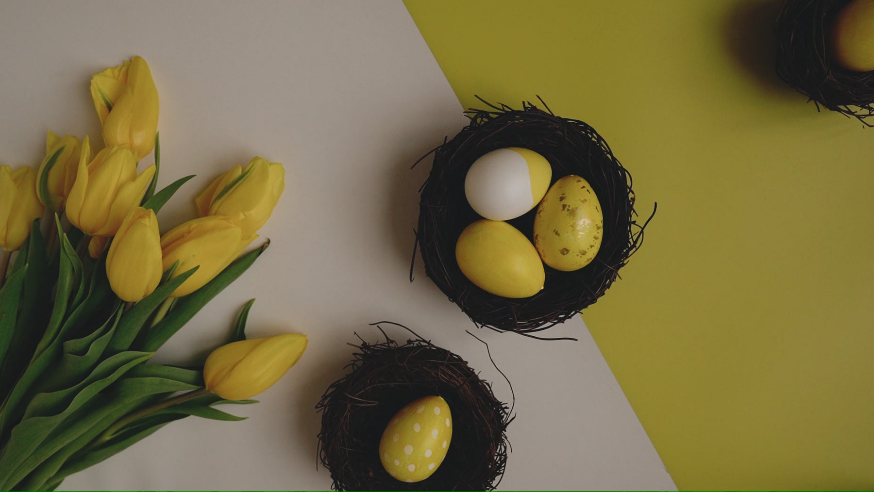 easter eggs on a yellow background with tulips