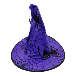 Purple witch hat with black spider web design on a white background