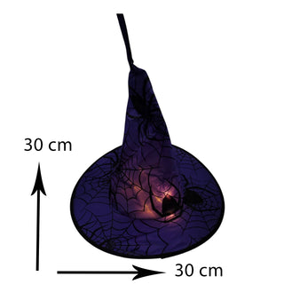Witch hat with spider web design and measurement details on a white background