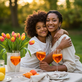 Woman and child enjoying a picnic with drinks and flowers