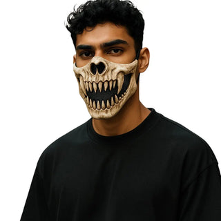 Person wearing a skull-themed face mask on a plain background