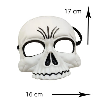 White skull mask with black details and measurement indicators on a white background