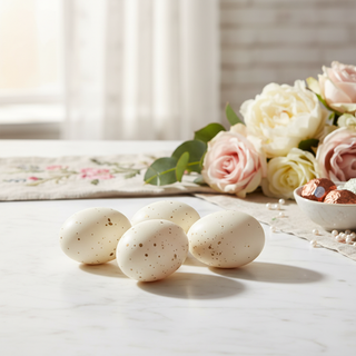 Three speckled eggs on a light surface with flowers and a decorative mat in the background.
