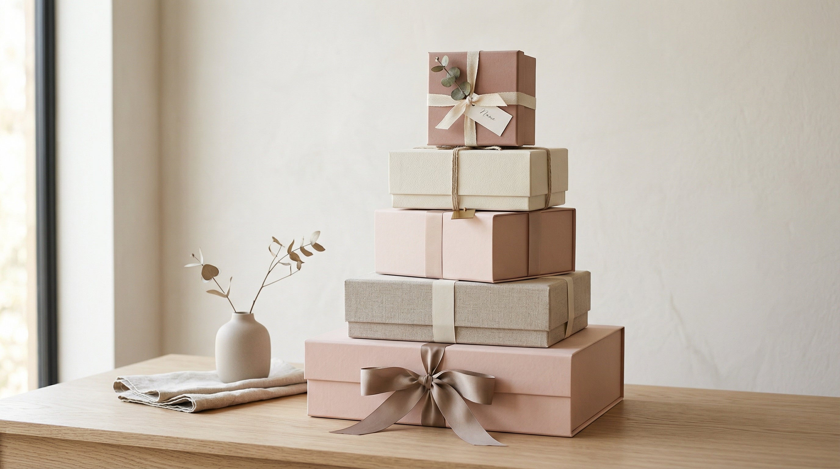 Stacked festive gift boxes with ribbon, The Holiday Shop South Africa