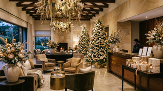 Luxurious living room with Christmas decorations, including trees and floral arrangements.