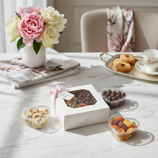 Table setting with a box of chocolates, nuts, candies, and flowers on a marble surface.