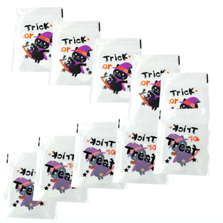 Set of Halloween-themed treat bags with black cats and 'Trick or Treat' text on a white background.