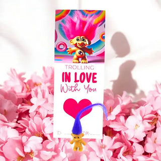 troll doll on a card with heart for valentines day