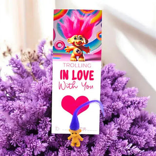 troll doll on a card with heart for valentines day