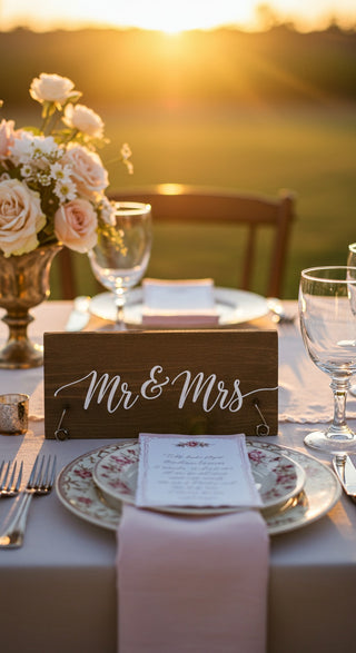 Table setting with 'Mr & Mrs' sign and floral arrangement against a sunset background