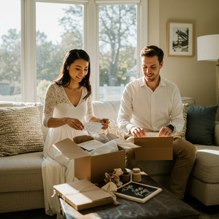 Man and woman unpacking boxes in a cozy living room.