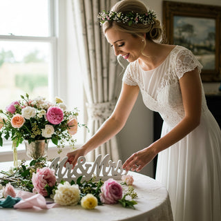 Woman in a white dress arranging flowers around a 'Mr & Mrs' sign on a table.