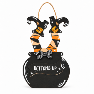 “Bottoms Up” Witch Legs Cauldron Sign – Orange The Holiday Shop